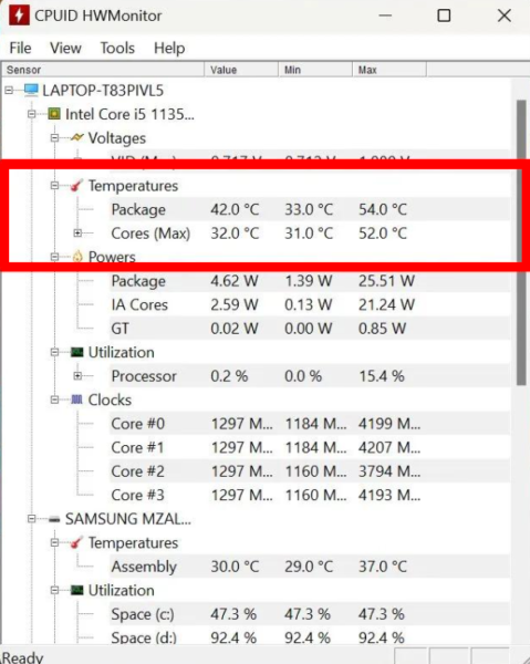 노트북에서 HWMonitor로 CPU 온도를 확인하는 화면