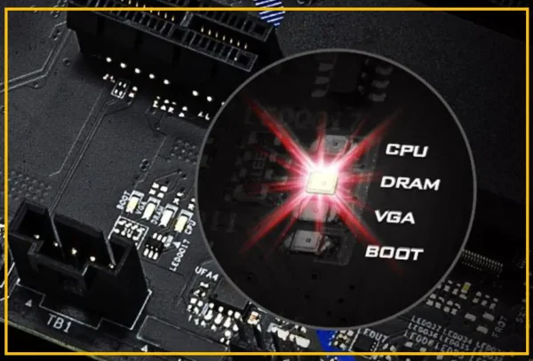 팬과 RGB 조명이 켜진 조립PC 내부의 메인보드 디버그 LED