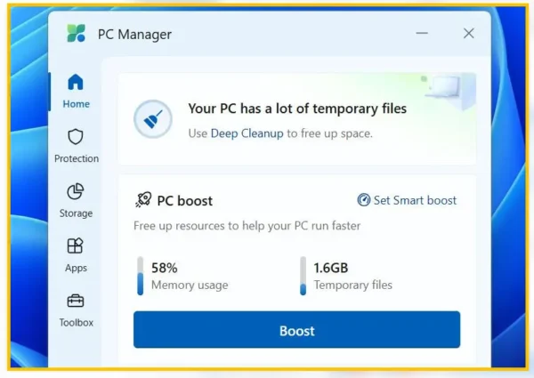 Microsoft PC Manager의 Boost 및 Deep Cleanup 기능 화면