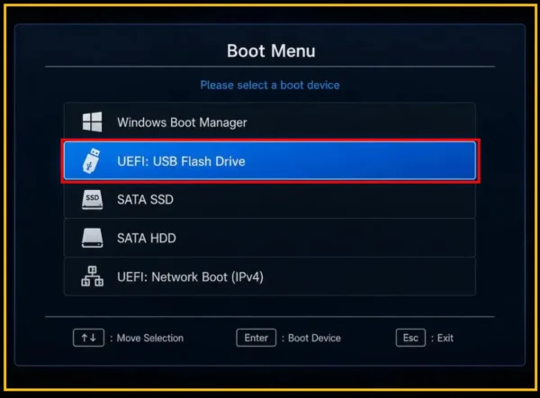 Rufus로 윈도우 11 설치 USB 만들기_PC의 부팅 메뉴에서 USB 저장장치를 부팅 장치로 선택하는 화면